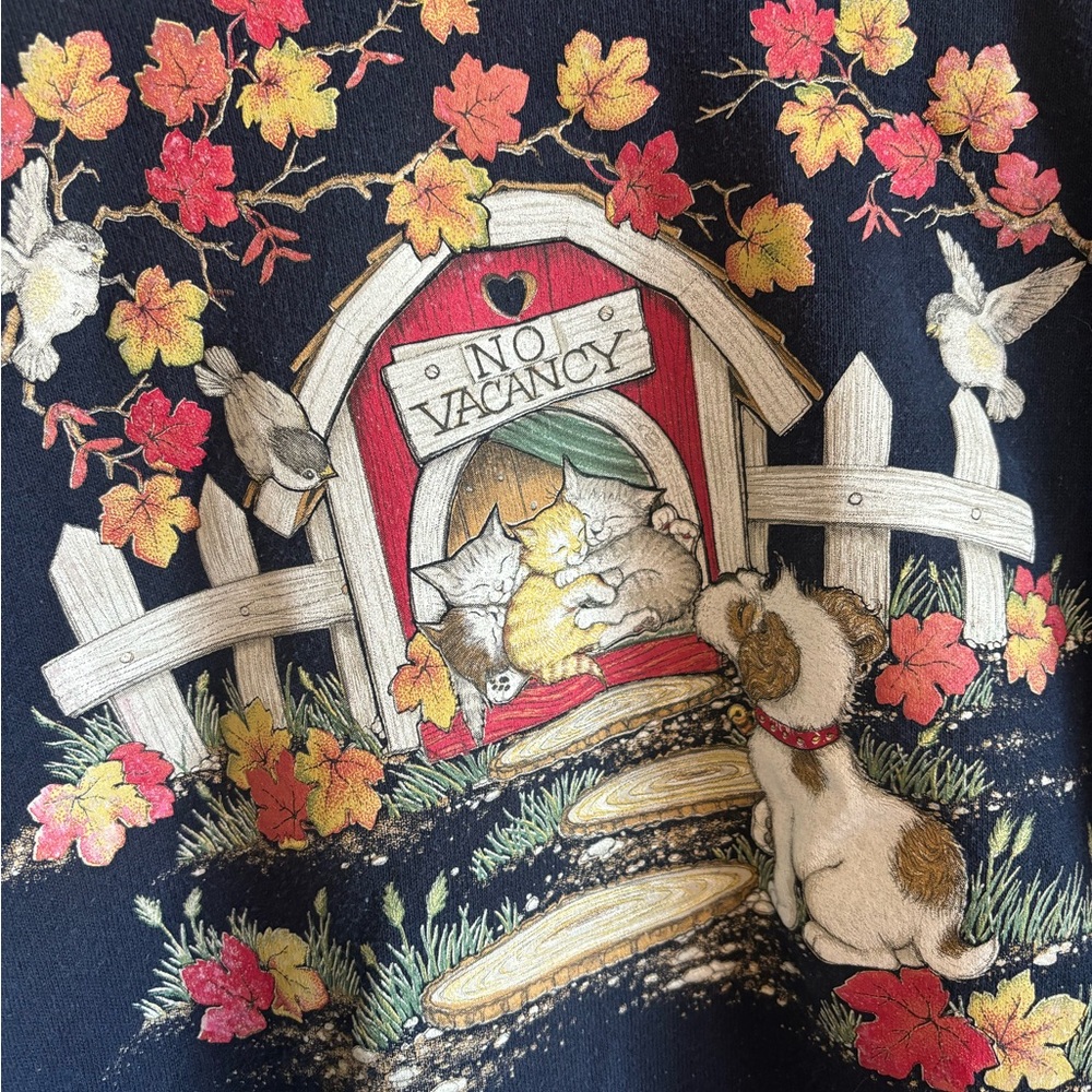 90s Vintage Cat Kitten Puppy Print Country Cottage Pullover Kitschy Cute Sweater - Picture 4 of 7